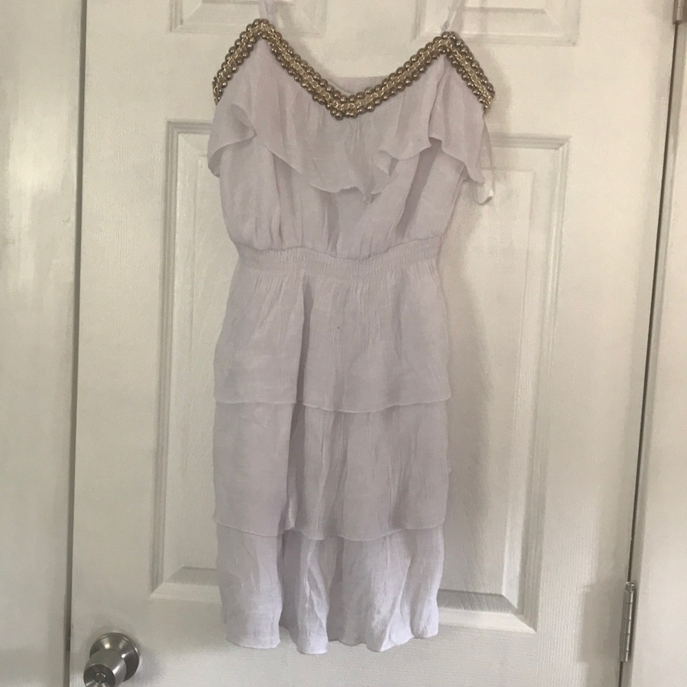 White Layered Summer Dress with Gold Embellishment